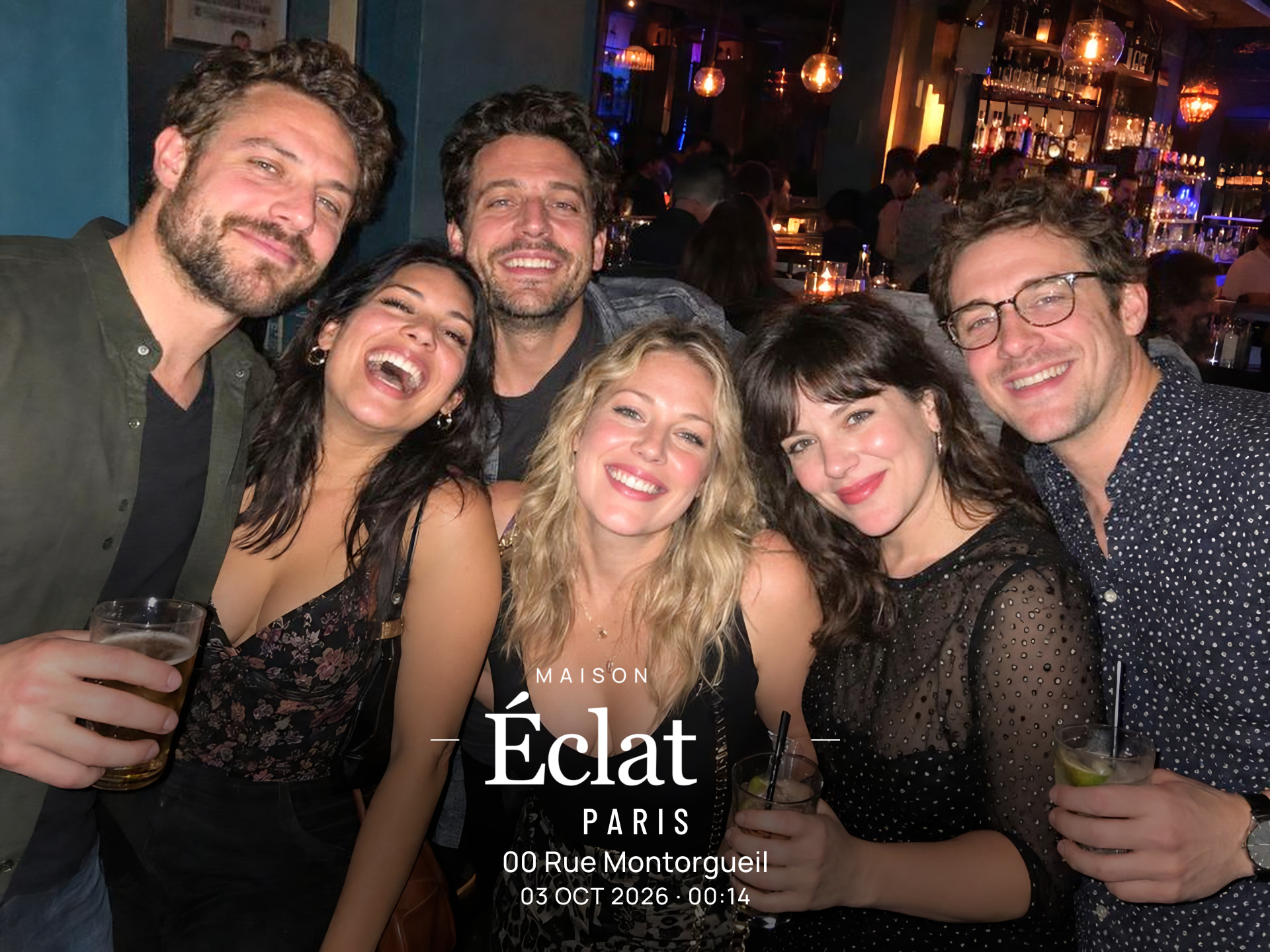 The full group of six friends at the bar, finished as a Maison Éclat Venue Edition in Paris