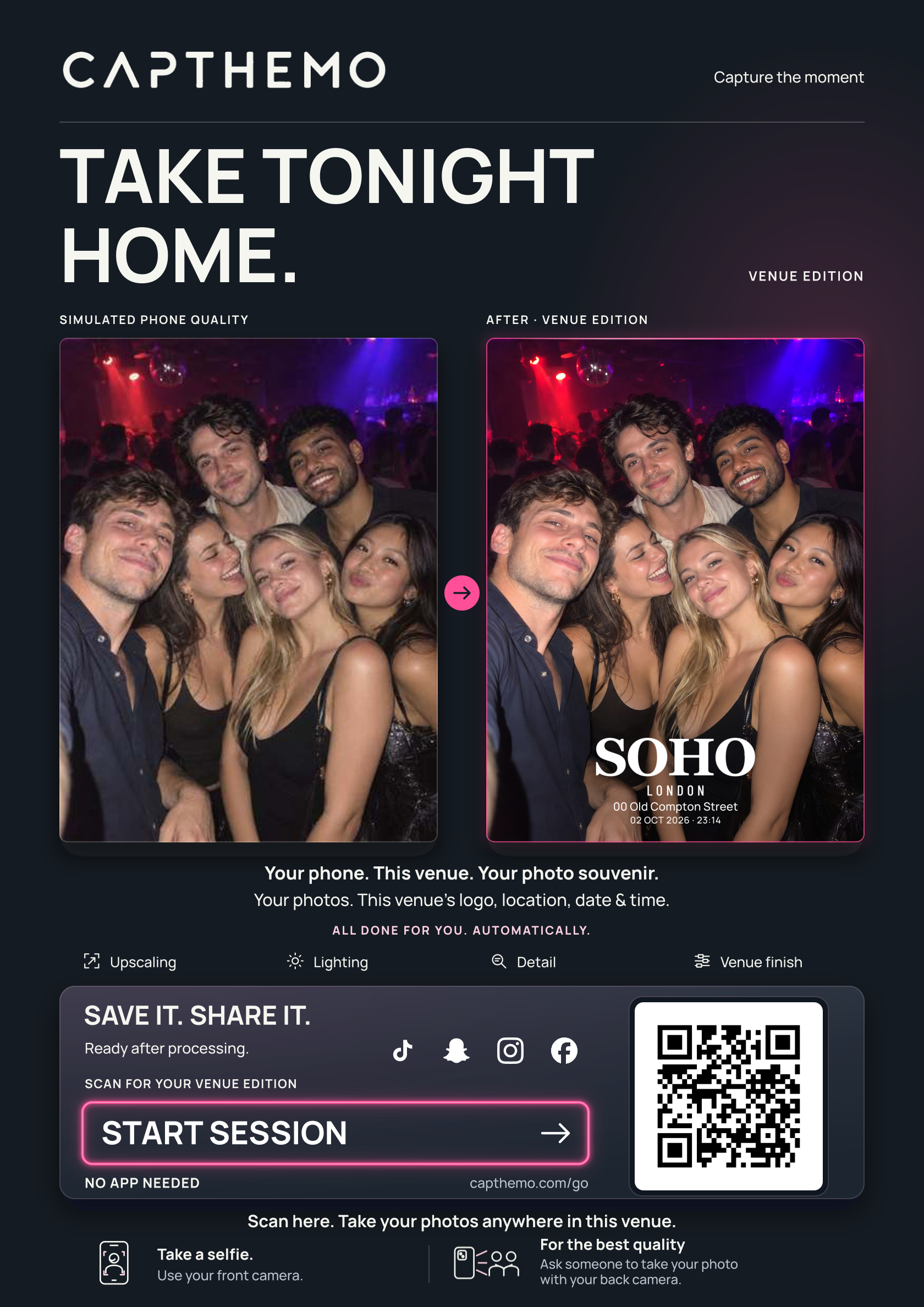 Ontwerp van de CapTheMo-poster met de vaste QR-bestemming